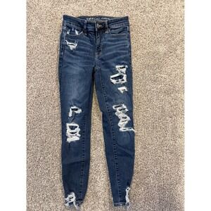 American Eagle Women's Distressed Hi-Rise Jeggings Crop Dark Wash‎ Denim Jeans 0